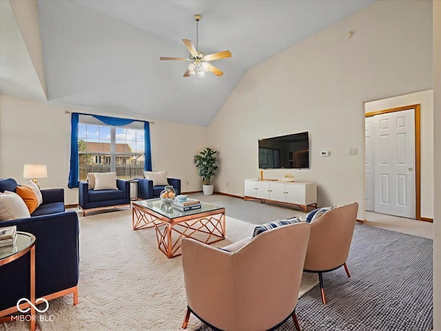 294 Keller Dr, Greenfield, IN 46140 - carpeted living room featuring a ceiling fan and high vaulted ceiling