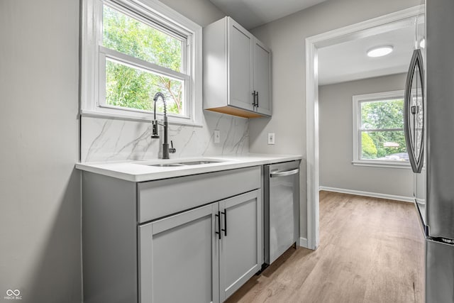 726 N Routiers Ave, Indianapolis, IN 46219 - kitchen featuring appliances with stainless steel finishes, gray cabinets, light wood-style floors, and backsplash
