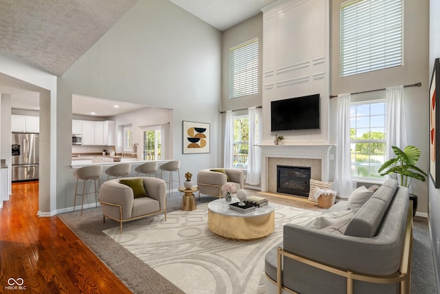 11761 Boothbay Ln, Fishers, IN 46037 - living area with a high ceiling, wood finished floors, and a fireplace