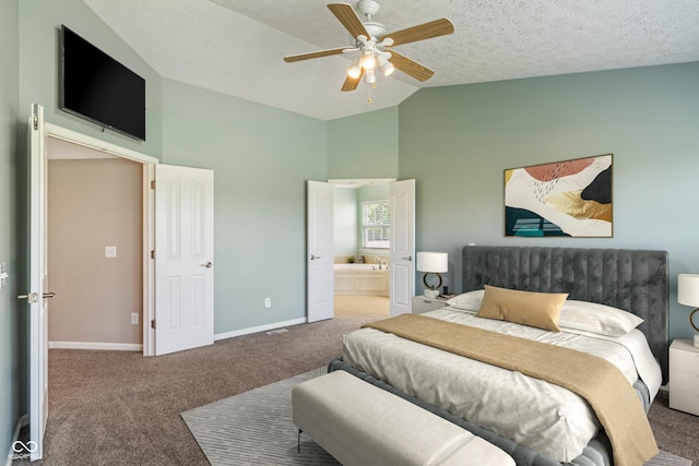 11761 Boothbay Ln, Fishers, IN 46037 - carpeted bedroom featuring high vaulted ceiling, ensuite bathroom, a ceiling fan, and a textured ceiling