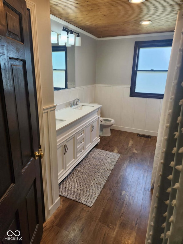 201 N Leland St, Fortville, IN 46040 - full bath featuring double vanity, wainscoting, wooden ceiling, crown molding, and healthy amount of natural light