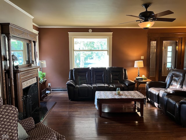 519 E Wabash Ave, Crawfordsville, IN 47933 - living room with wood finished floors, ornamental molding, ceiling fan, and a premium fireplace