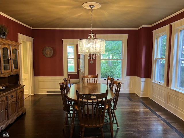 519 E Wabash Ave, Crawfordsville, IN 47933 - dining space featuring healthy amount of natural light, dark wood finished floors, a wainscoted wall, a chandelier, and a decorative wall