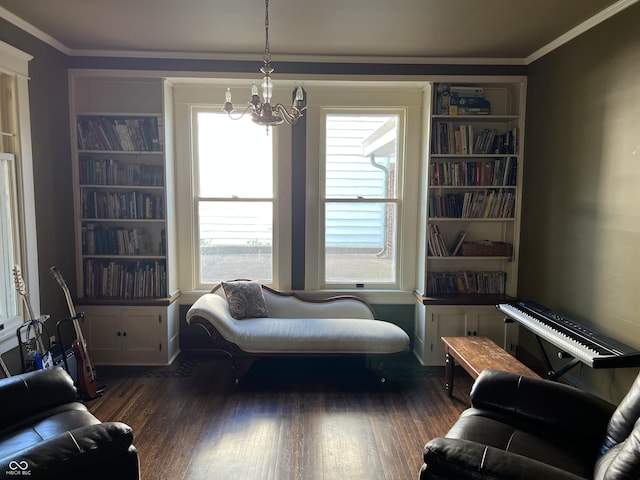 519 E Wabash Ave, Crawfordsville, IN 47933 - sitting room with a chandelier, dark wood-type flooring, plenty of natural light, crown molding, and built in shelves