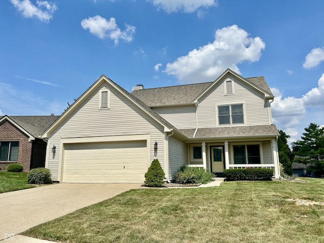2068 Suda Dr, Carmel, IN 46280 - traditional-style home with driveway, an attached garage, a front lawn, a shingled roof, and covered porch