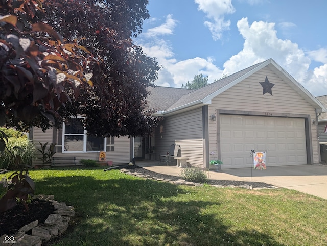 4124 Lofton Dr, Lafayette, IN 47909 - ranch-style home with an attached garage, concrete driveway, a front yard, and roof with shingles