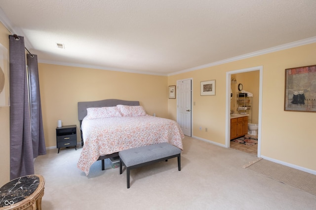 10301 Cerulean Dr, Noblesville, IN 46060 - bedroom with light colored carpet, ornamental molding, and ensuite bathroom
