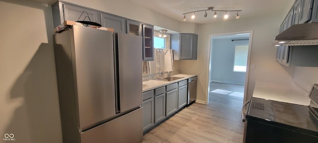 2611 Taylor Rd, Columbus, IN 47203 - kitchen featuring stainless steel appliances, gray cabinets, under cabinet range hood, and light countertops