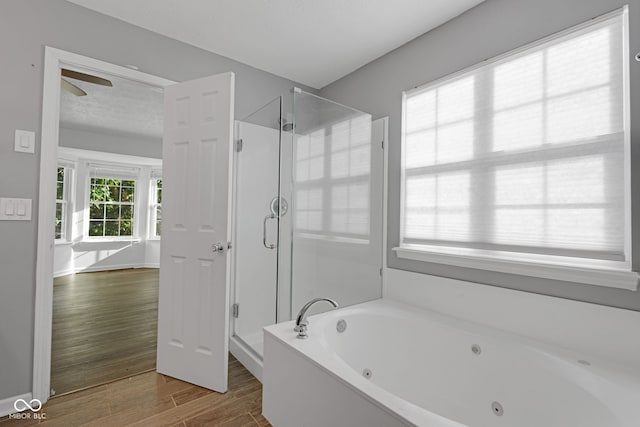 8850 Tanner Dr, Fishers, IN 46038 - full bath featuring a shower stall, a tub with jets, wood finished floors, and ceiling fan