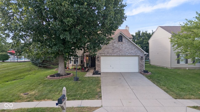 8850 Tanner Dr, Fishers, IN 46038 - view of front of home with brick siding, concrete driveway, an attached garage, and a front yard