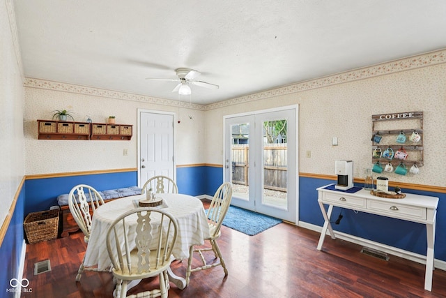 121 Apple St, Greenfield, IN 46140 - dining area featuring french doors, wallpapered walls, wood finished floors, and a ceiling fan