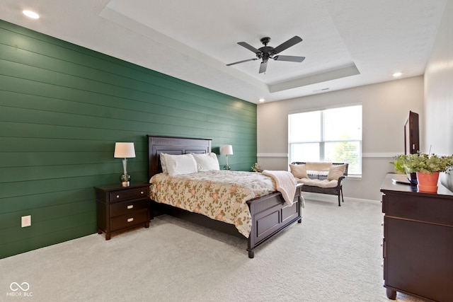 9801 Zion Way, Pendleton, IN 46064 - bedroom featuring a raised ceiling, light colored carpet, recessed lighting, and a ceiling fan