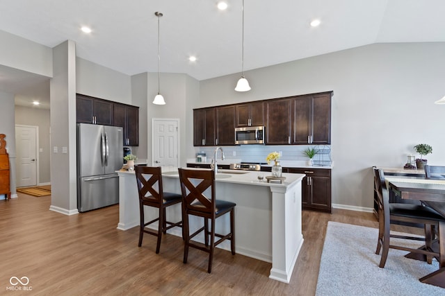 9801 Zion Way, Pendleton, IN 46064 - kitchen featuring appliances with stainless steel finishes, dark brown cabinetry, light wood-type flooring, light countertops, and high vaulted ceiling