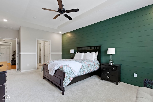 9801 Zion Way, Pendleton, IN 46064 - bedroom with carpet flooring, recessed lighting, a ceiling fan, connected bathroom, and a tray ceiling