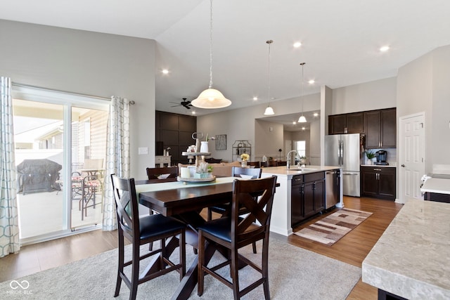 9801 Zion Way, Pendleton, IN 46064 - dining space with wood finished floors, a ceiling fan, and recessed lighting