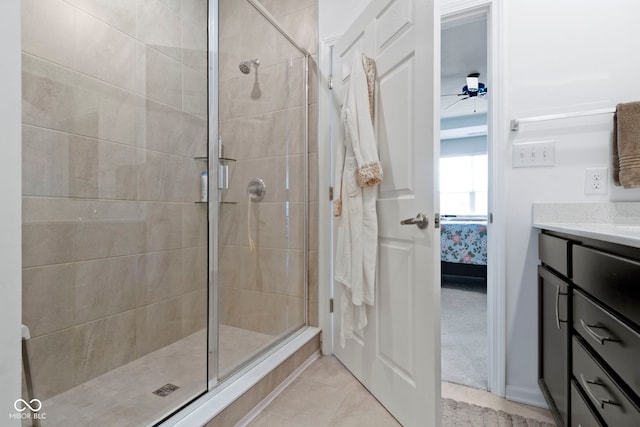 9801 Zion Way, Pendleton, IN 46064 - bathroom with connected bathroom, a stall shower, vanity, and tile patterned flooring