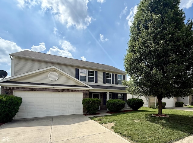 5020 Long Iron Dr, Indianapolis, IN 46235 - traditional-style house featuring a front yard, concrete driveway, a garage, and brick siding