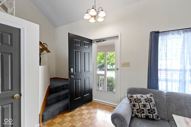 5034 Aspen Crest Ln, Indianapolis, IN 46254 - foyer entrance featuring a chandelier, lofted ceiling, and stairs