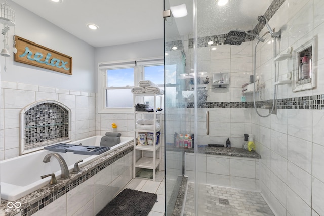 10532 Beacon Ln, Indianapolis, IN 46256 - bathroom with a garden tub, a stall shower, and recessed lighting