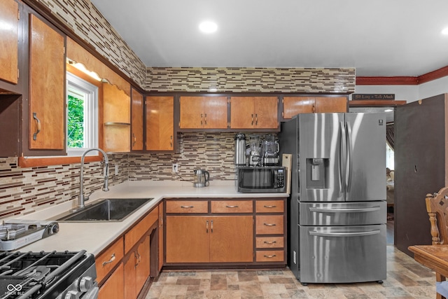157 E Hill Valley Dr, Indianapolis, IN 46227 - kitchen featuring stainless steel fridge with ice dispenser, tasteful backsplash, light countertops, stone finish floors, and brown cabinets