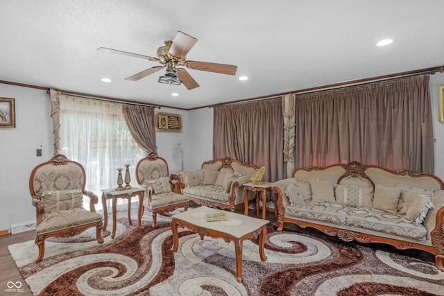 157 E Hill Valley Dr, Indianapolis, IN 46227 - living area with a ceiling fan, wood finished floors, crown molding, and recessed lighting