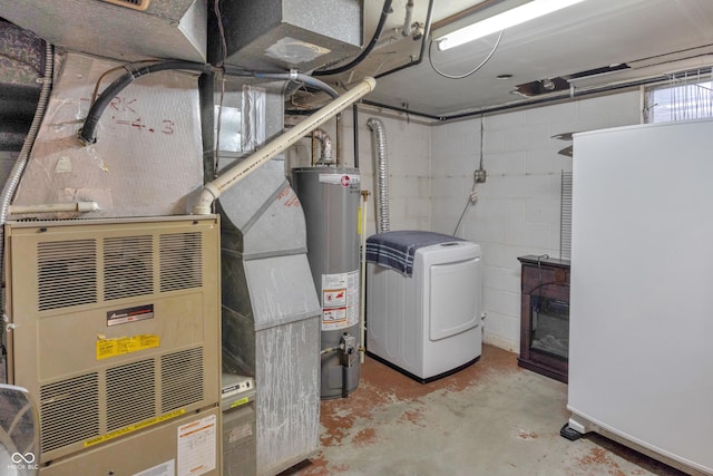 157 E Hill Valley Dr, Indianapolis, IN 46227 - unfinished basement featuring water heater, freestanding refrigerator, and concrete block wall