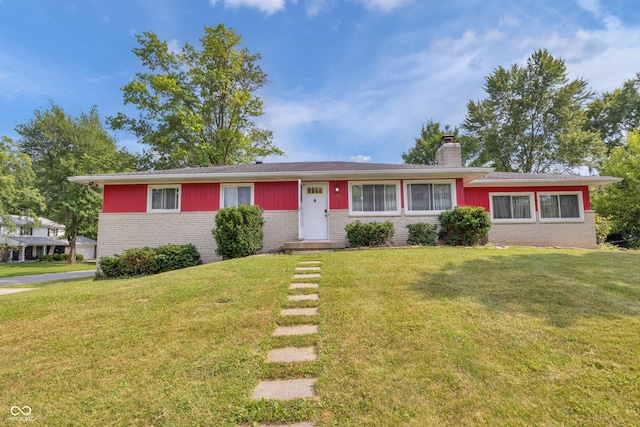 157 E Hill Valley Dr, Indianapolis, IN 46227 - ranch-style home featuring brick siding, a chimney, and a front yard