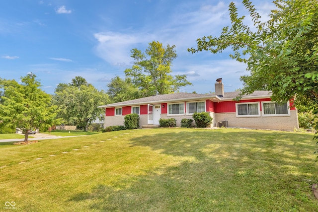 157 E Hill Valley Dr, Indianapolis, IN 46227 - ranch-style home with brick siding, a front lawn, and a chimney
