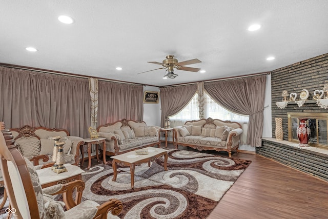 157 E Hill Valley Dr, Indianapolis, IN 46227 - living room with ceiling fan, a fireplace, recessed lighting, and wood finished floors