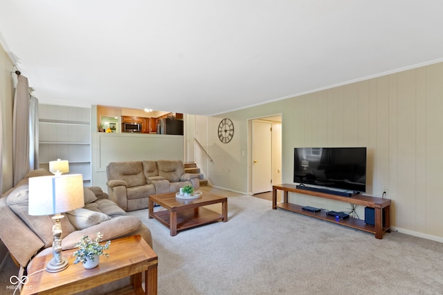 812 Eaglewood Dr, Zionsville, IN 46077 - living area featuring crown molding, carpet, and stairs