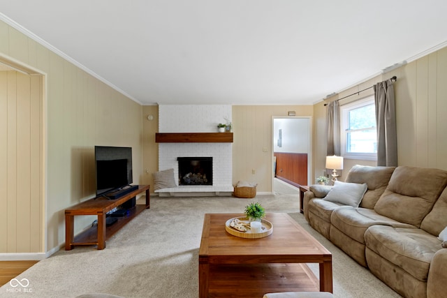 812 Eaglewood Dr, Zionsville, IN 46077 - carpeted living area featuring a brick fireplace and crown molding