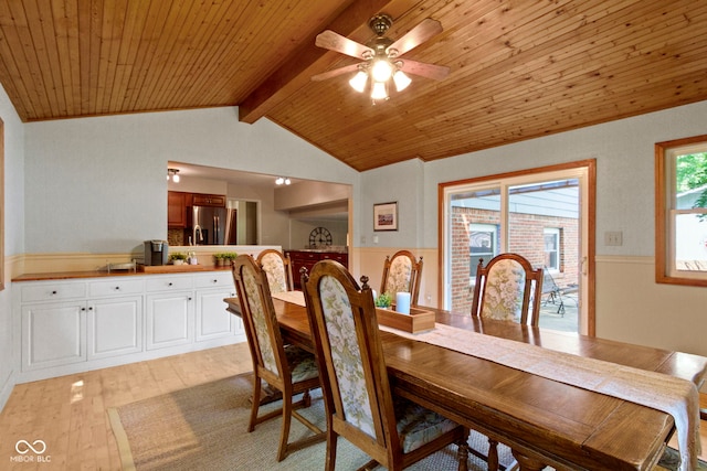 812 Eaglewood Dr, Zionsville, IN 46077 - dining space with a wainscoted wall, wood ceiling, a ceiling fan, and light wood-type flooring