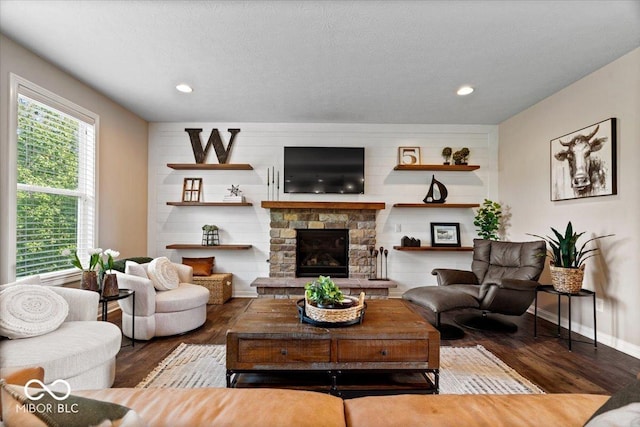 11322 Sea Side Ct, Fishers, IN 46040 - living room featuring wood finished floors, a fireplace, and recessed lighting
