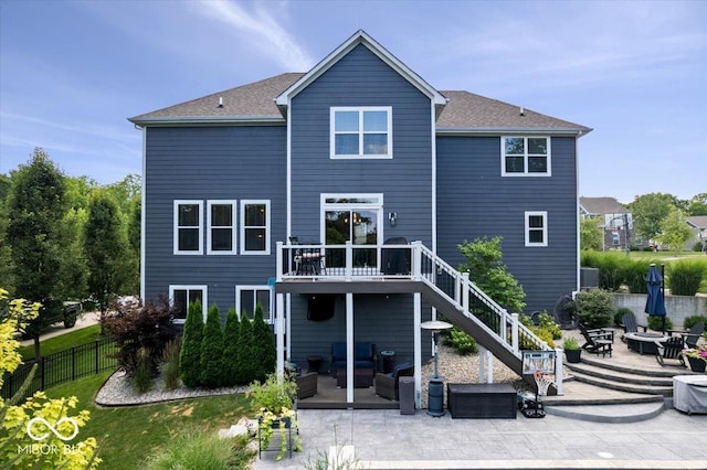 11322 Sea Side Ct, Fishers, IN 46040 - rear view of property with a patio area, an outdoor living space with a fire pit, stairs, and roof with shingles