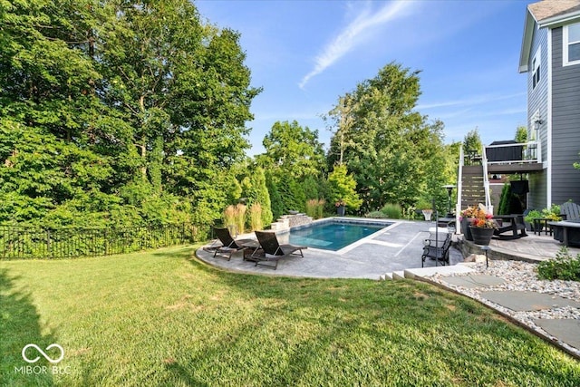 11322 Sea Side Ct, Fishers, IN 46040 - swimming pool with stairway, a patio area, and a lawn
