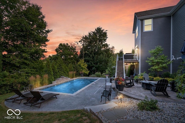 11322 Sea Side Ct, Fishers, IN 46040 - outdoor pool featuring stairs, an outdoor fire pit, and a patio