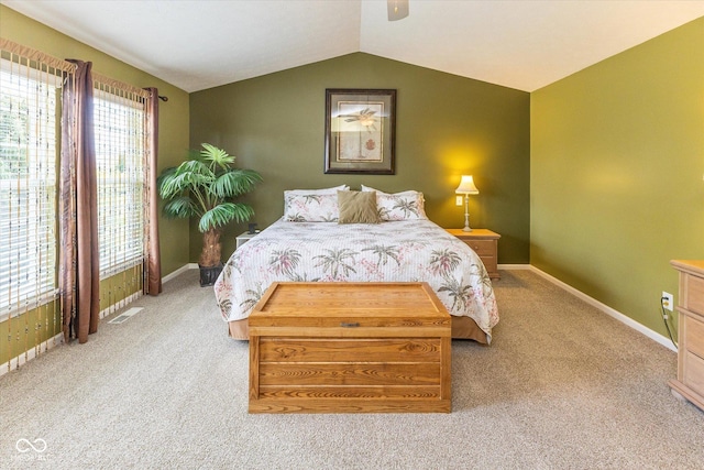 13059 Cirrus Dr, Fishers, IN 46037 - bedroom with light colored carpet, lofted ceiling, and a ceiling fan