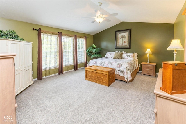 13059 Cirrus Dr, Fishers, IN 46037 - bedroom with light colored carpet, lofted ceiling, and a ceiling fan