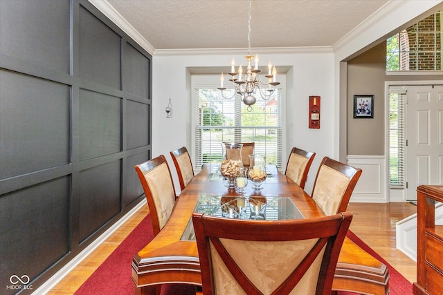 13059 Cirrus Dr, Fishers, IN 46037 - dining room featuring a chandelier, light wood-type flooring, a textured ceiling, ornamental molding, and a wainscoted wall