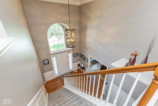 13059 Cirrus Dr, Fishers, IN 46037 - entrance foyer with a towering ceiling, stairway, wainscoting, wood finished floors, and a decorative wall