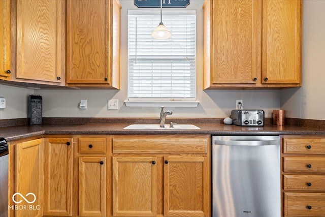 16009 Tenor Way, Noblesville, IN 46060 - kitchen with dishwasher, dark countertops, and decorative light fixtures