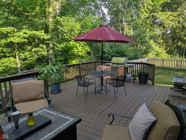 7327 Newbury Ct, Fishers, IN 46038 - deck featuring outdoor dining area, grilling area, and a wooded view