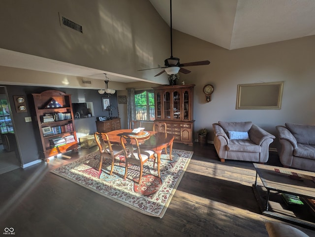 7327 Newbury Ct, Fishers, IN 46038 - dining space with high vaulted ceiling, wood finished floors, and a ceiling fan