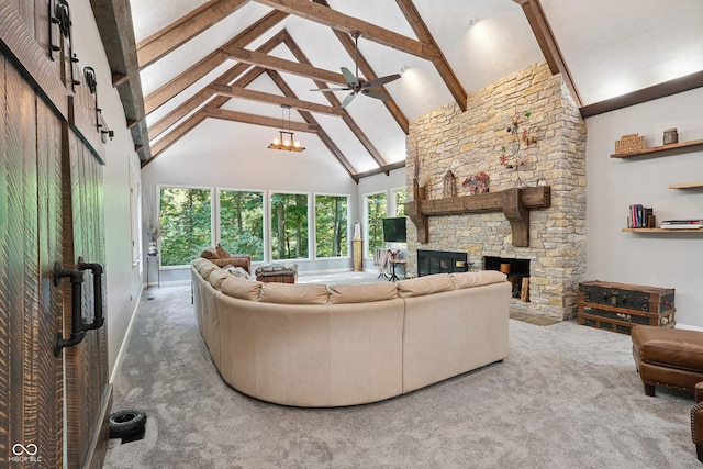 118 White Horse Ln, Fishers, IN 46038 - carpeted living room featuring high vaulted ceiling, a stone fireplace, beamed ceiling, and healthy amount of natural light