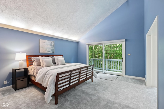 118 White Horse Ln, Fishers, IN 46038 - bedroom featuring access to outside, a textured ceiling, carpet, and high vaulted ceiling