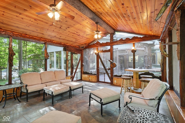 118 White Horse Ln, Fishers, IN 46038 - sunroom with ceiling fan, outdoor lounge area, wood ceiling, and stone finish flooring
