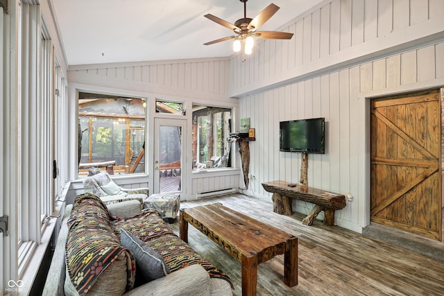 118 White Horse Ln, Fishers, IN 46038 - sunroom / solarium featuring a ceiling fan, wood-type flooring, lofted ceiling, and wood walls