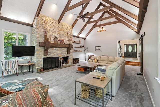 118 White Horse Ln, Fishers, IN 46038 - carpeted living room featuring high vaulted ceiling, beamed ceiling, a stone fireplace, a ceiling fan, and a chandelier