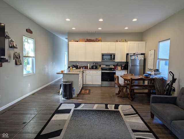 2032 Indiana Ave, Columbus, IN 47201 - kitchen with appliances with stainless steel finishes, recessed lighting, healthy amount of natural light, white cabinetry, and dark wood-style floors