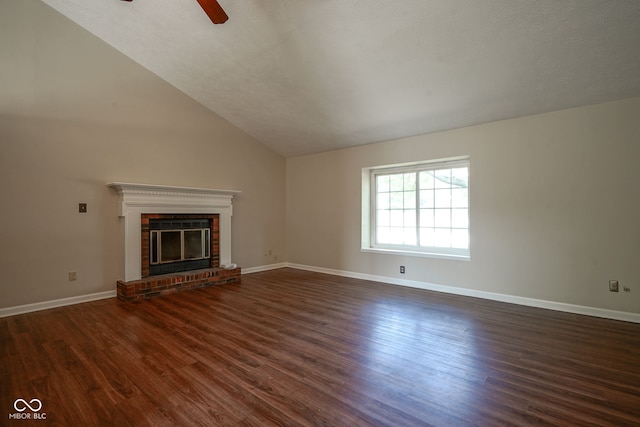 8809 Haddington Dr N, Indianapolis, IN 46256 - unfurnished living room featuring a ceiling fan, wood finished floors, lofted ceiling, and a fireplace